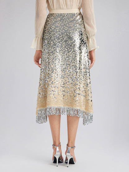 Gölgeli Pullu Püsküllü Beli Lastikli Etek