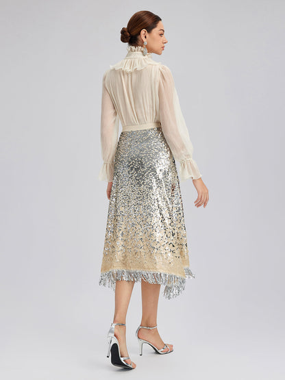 Gölgeli Pullu Püsküllü Beli Lastikli Etek