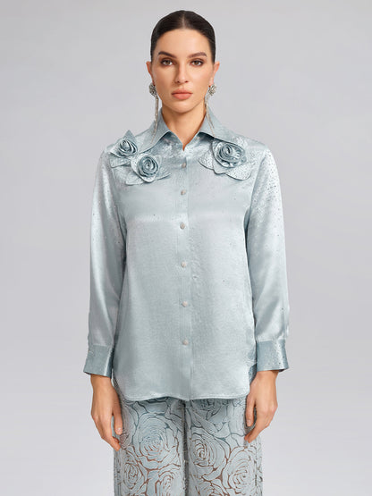 Saten Taşlı 3 Boyutlu Çiçekli Gömlek