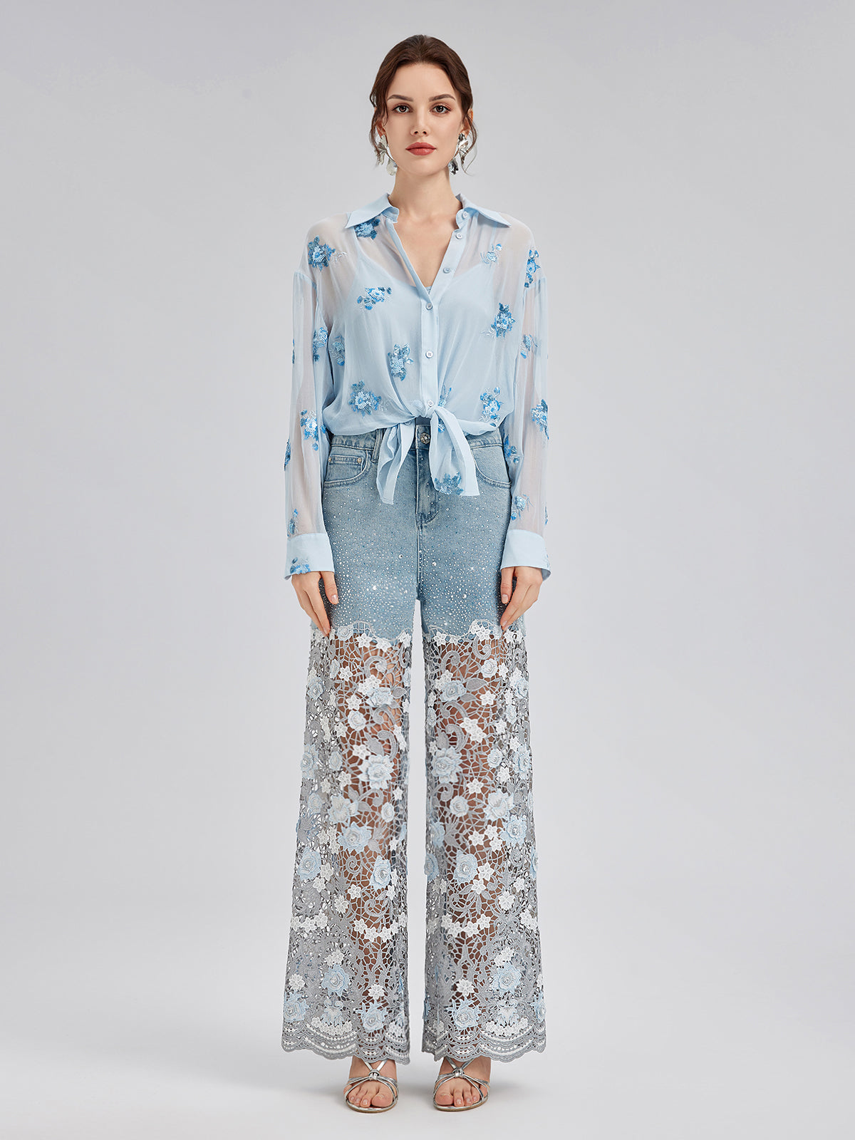 Şık Taşlı Dantelli Kot Pantolon