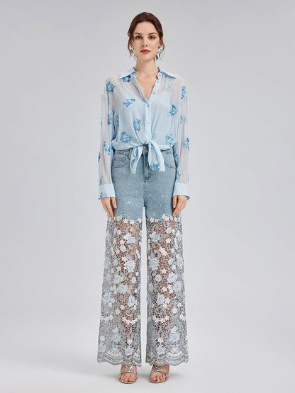 Şık Taşlı Dantelli Kot Pantolon