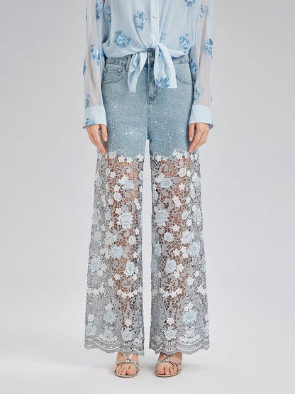 Şık Taşlı Dantelli Kot Pantolon