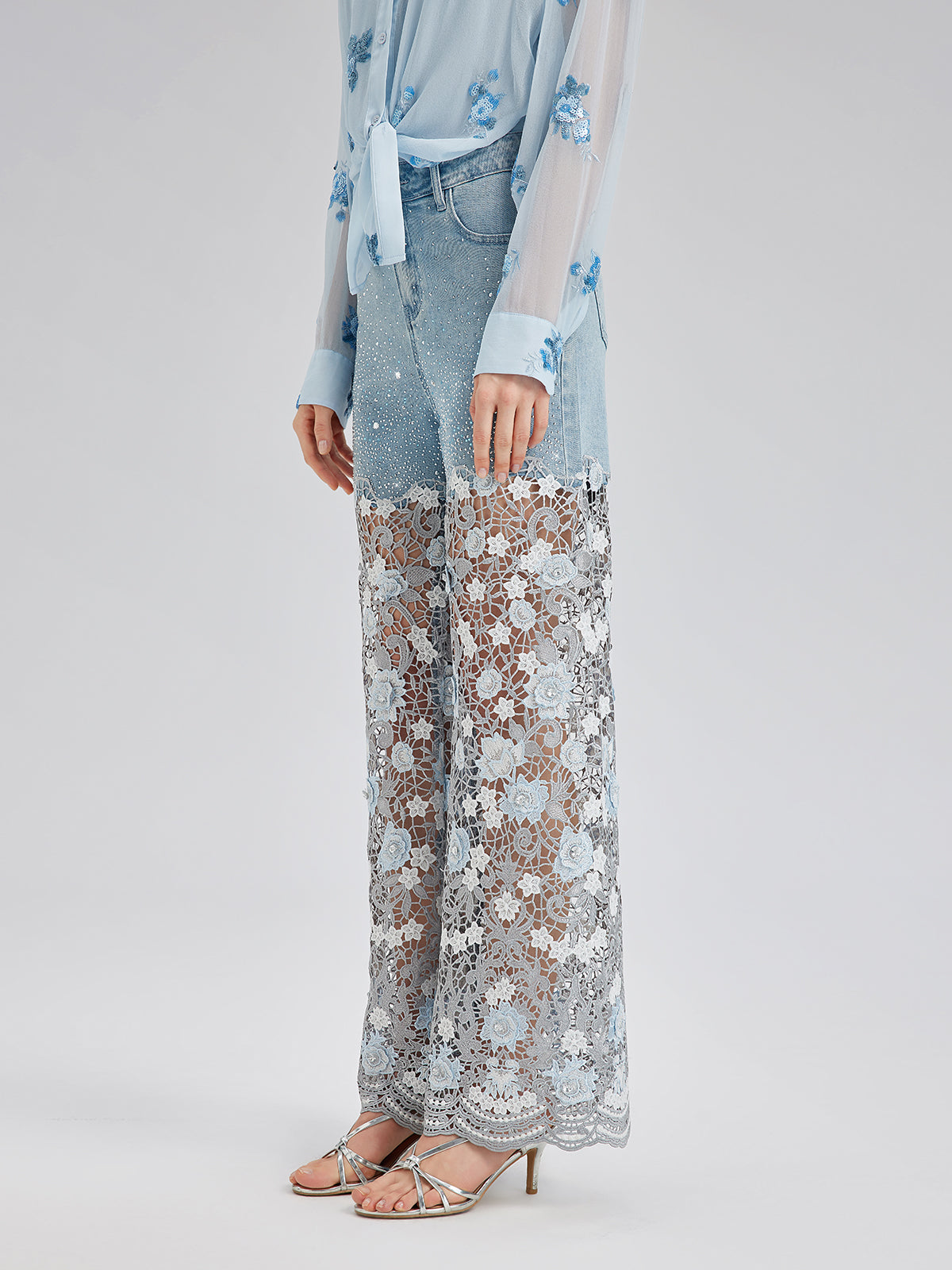 Şık Taşlı Dantelli Kot Pantolon