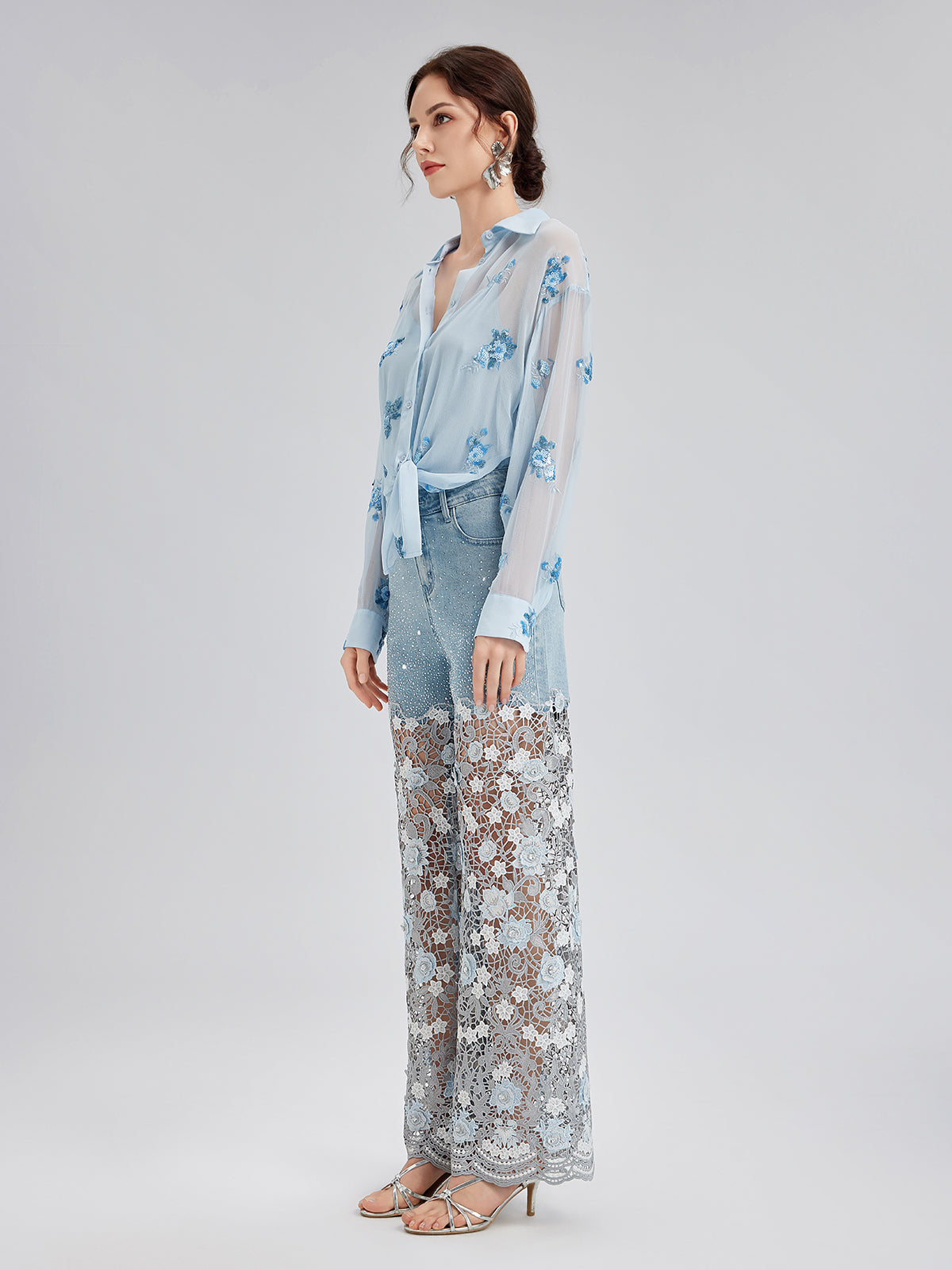 Şık Taşlı Dantelli Kot Pantolon