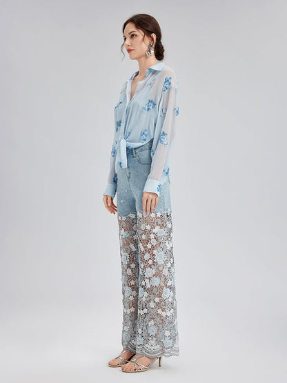 Şık Taşlı Dantelli Kot Pantolon