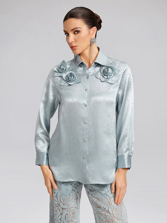 Saten Taşlı 3 Boyutlu Çiçekli Gömlek
