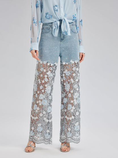 Şık Taşlı Dantelli Kot Pantolon