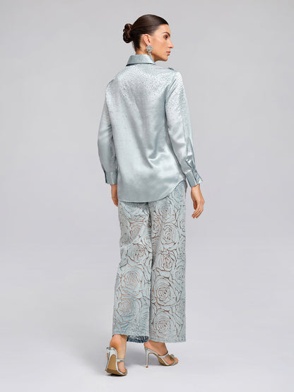 Saten Taşlı 3 Boyutlu Çiçekli Gömlek