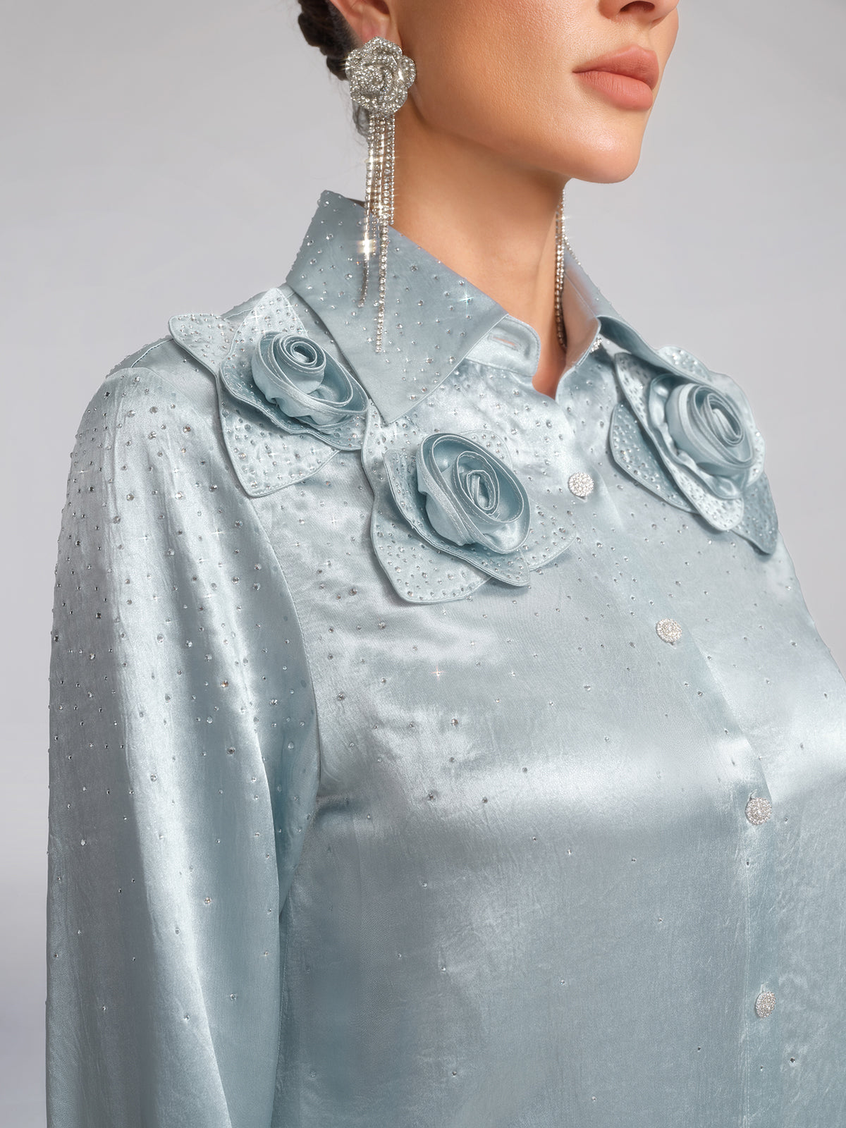 Saten Taşlı 3 Boyutlu Çiçekli Gömlek