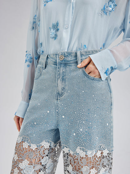 Şık Taşlı Dantelli Kot Pantolon