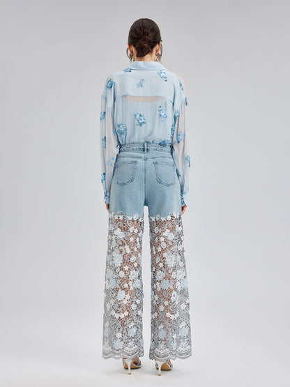 Şık Taşlı Dantelli Kot Pantolon