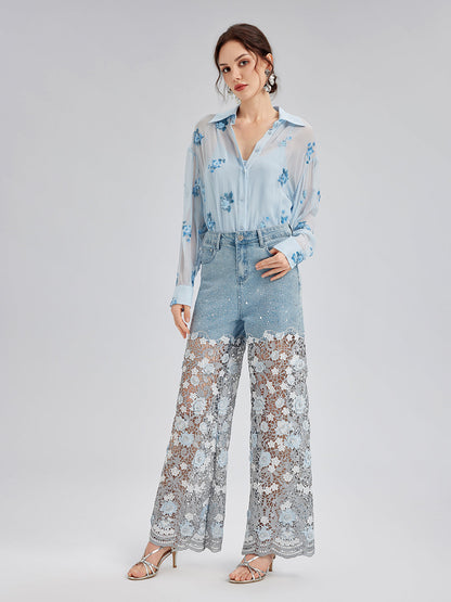 Şık Taşlı Dantelli Kot Pantolon