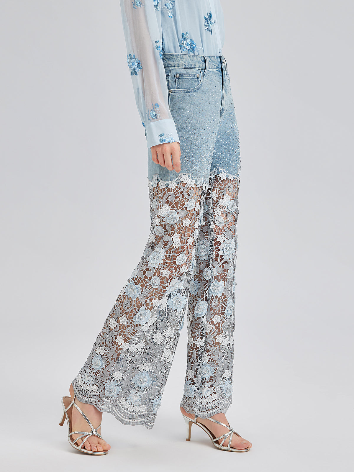 Şık Taşlı Dantelli Kot Pantolon