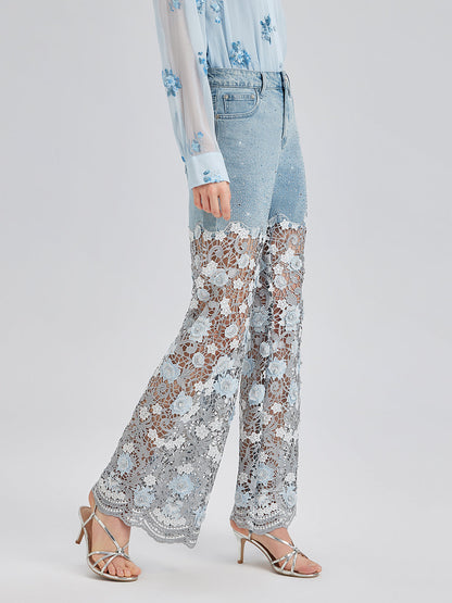 Şık Taşlı Dantelli Kot Pantolon