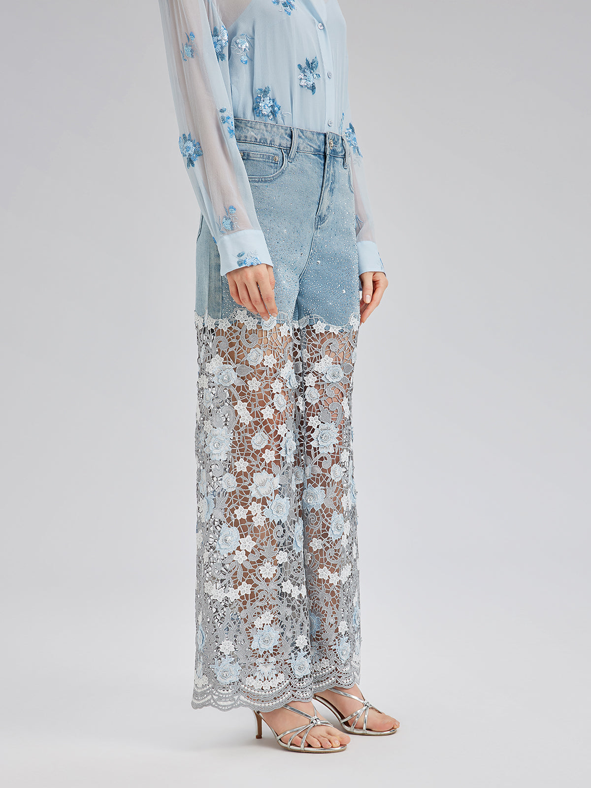 Şık Taşlı Dantelli Kot Pantolon