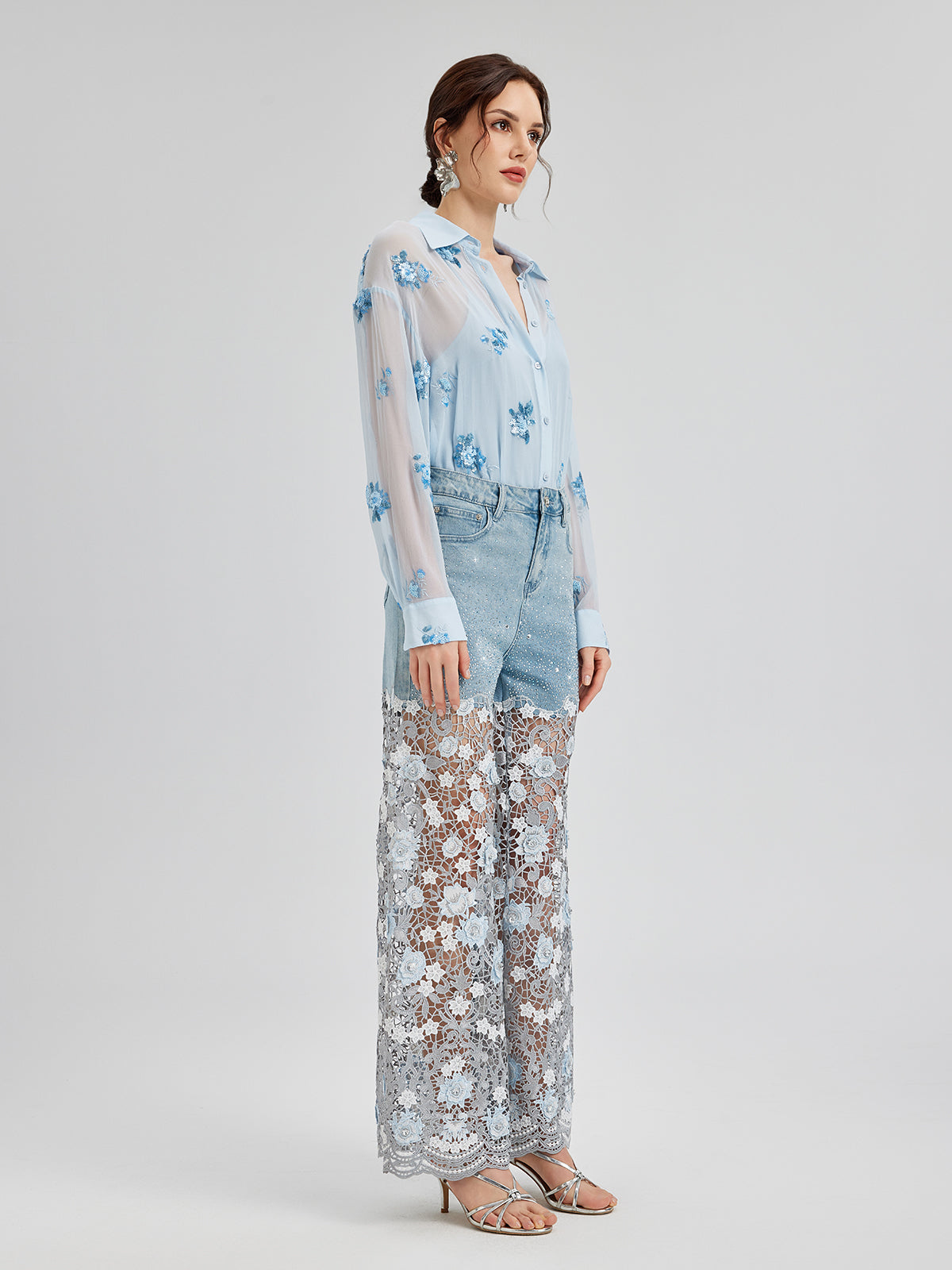 Şık Taşlı Dantelli Kot Pantolon