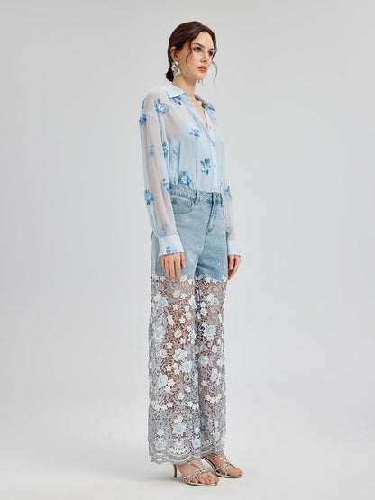 Şık Taşlı Dantelli Kot Pantolon