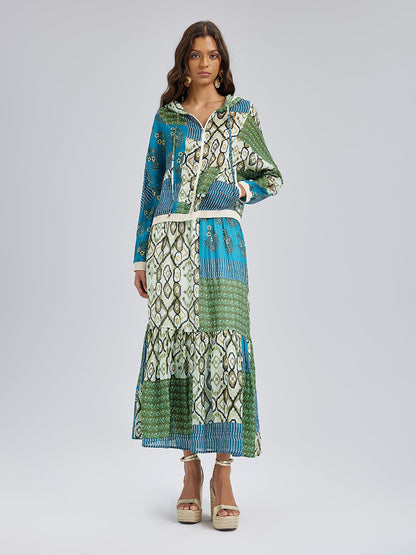 Beli Lastikli Yama İşli Keten Görünümlü Etek