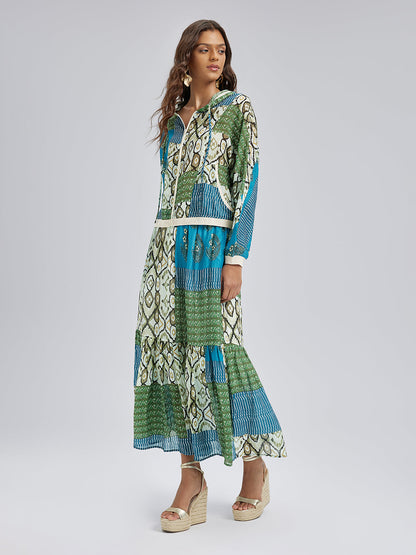 Beli Lastikli Yama İşli Keten Görünümlü Etek