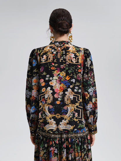 %100 İpek Çiçekli Taşlı Bluz