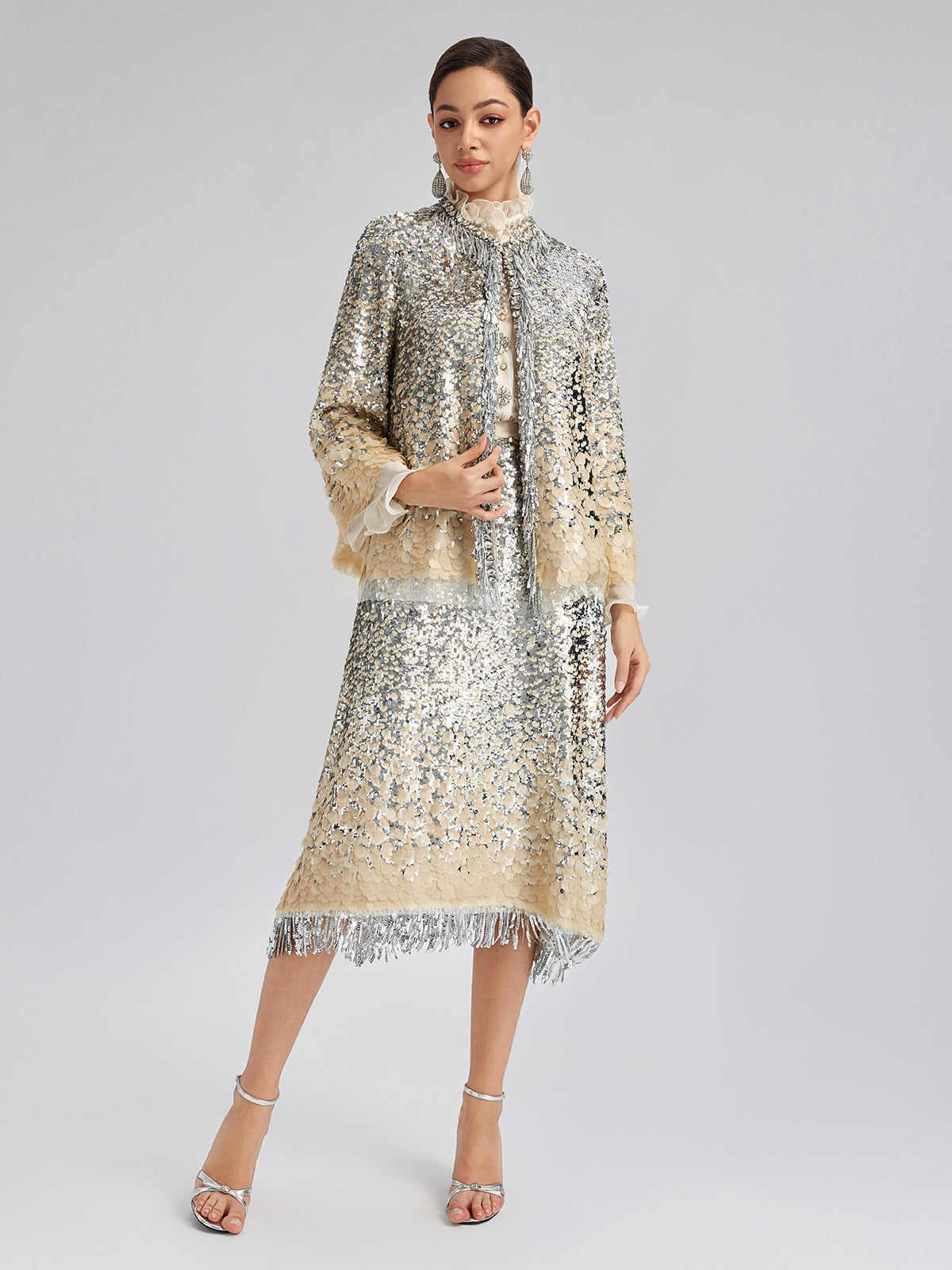 Gölgeli Pullu Püsküllü Beli Lastikli Etek