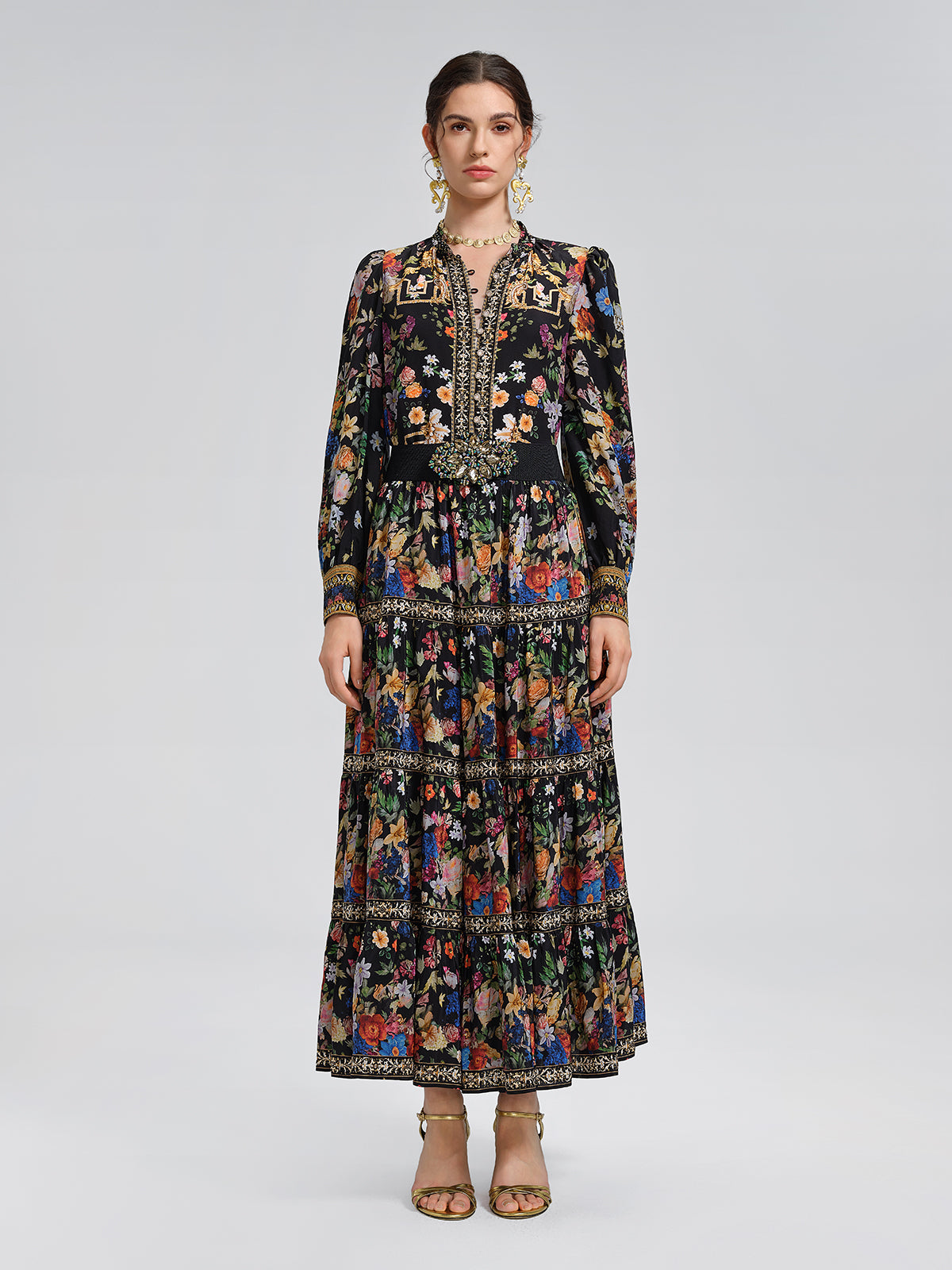 %100 İpek Çiçekli Taşlı Bluz