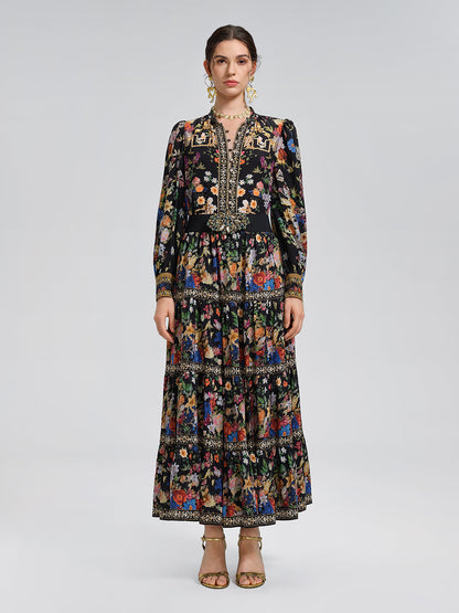 %100 İpek Çiçekli Taşlı Bluz