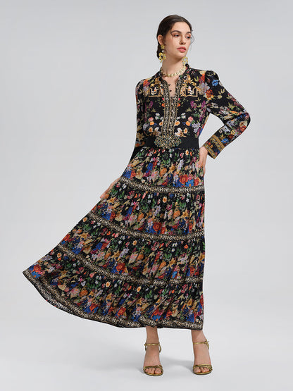 %100 İpek Çiçekli Taşlı Bluz