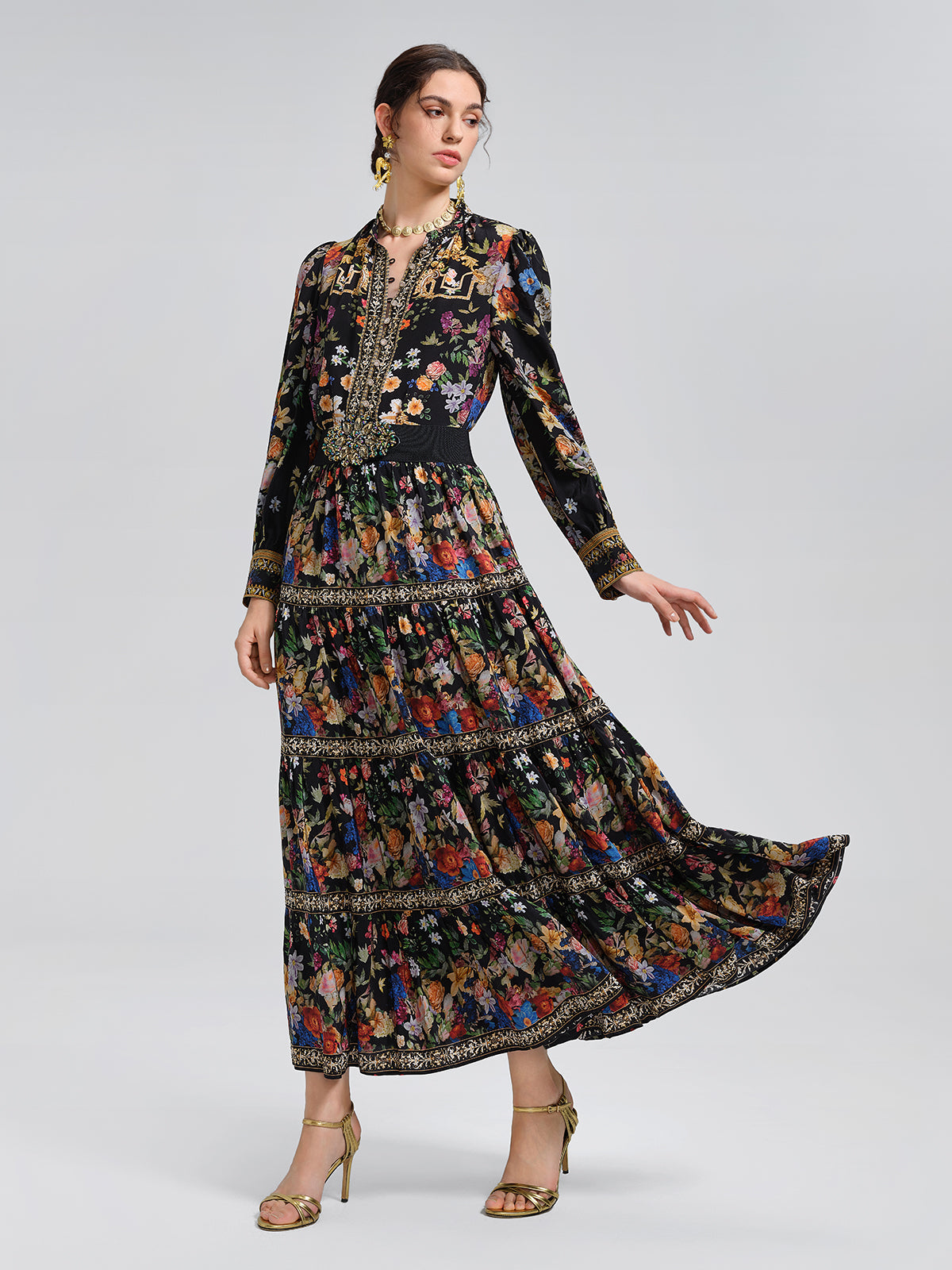 %100 İpek Çiçekli Taşlı Bluz