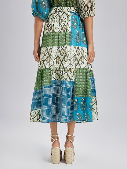 Beli Lastikli Yama İşli Keten Görünümlü Etek