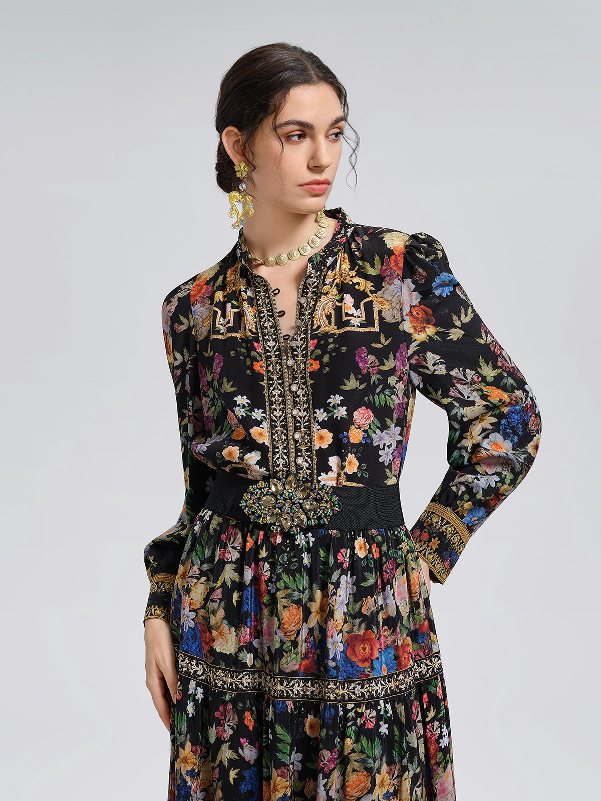 %100 İpek Çiçekli Taşlı Bluz