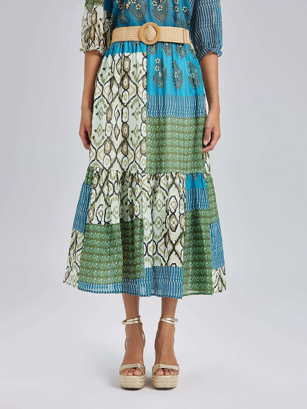 Beli Lastikli Yama İşli Keten Görünümlü Etek