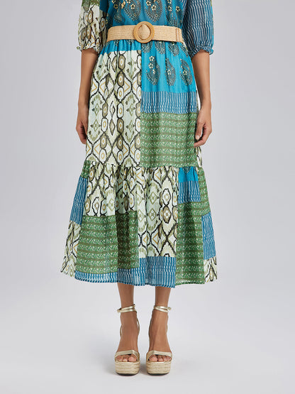 Beli Lastikli Yama İşli Keten Görünümlü Etek