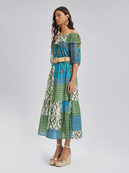 Beli Lastikli Yama İşli Keten Görünümlü Etek