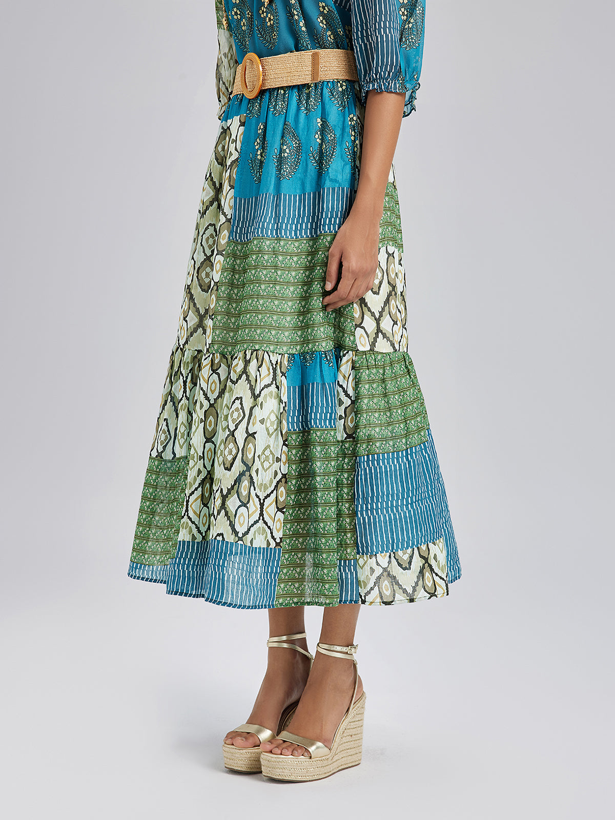 Beli Lastikli Yama İşli Keten Görünümlü Etek