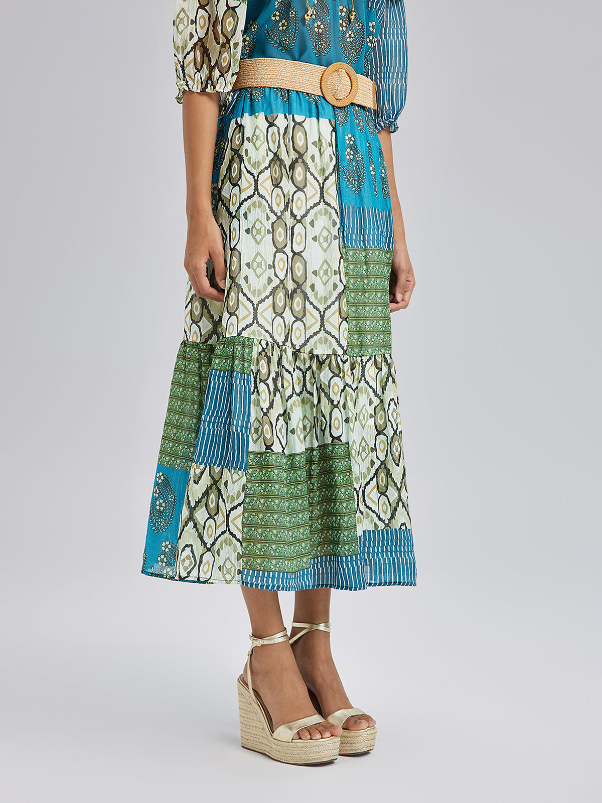 Beli Lastikli Yama İşli Keten Görünümlü Etek