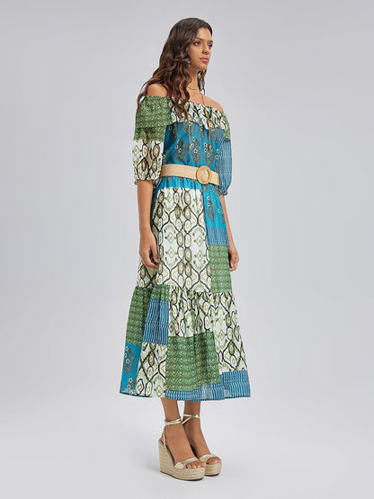 Beli Lastikli Yama İşli Keten Görünümlü Etek