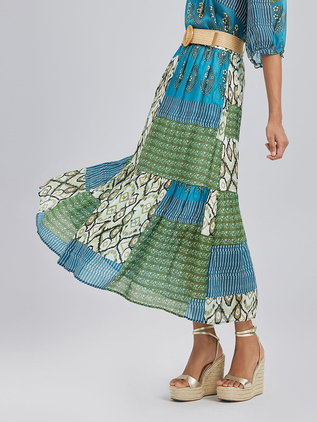 Beli Lastikli Yama İşli Keten Görünümlü Etek