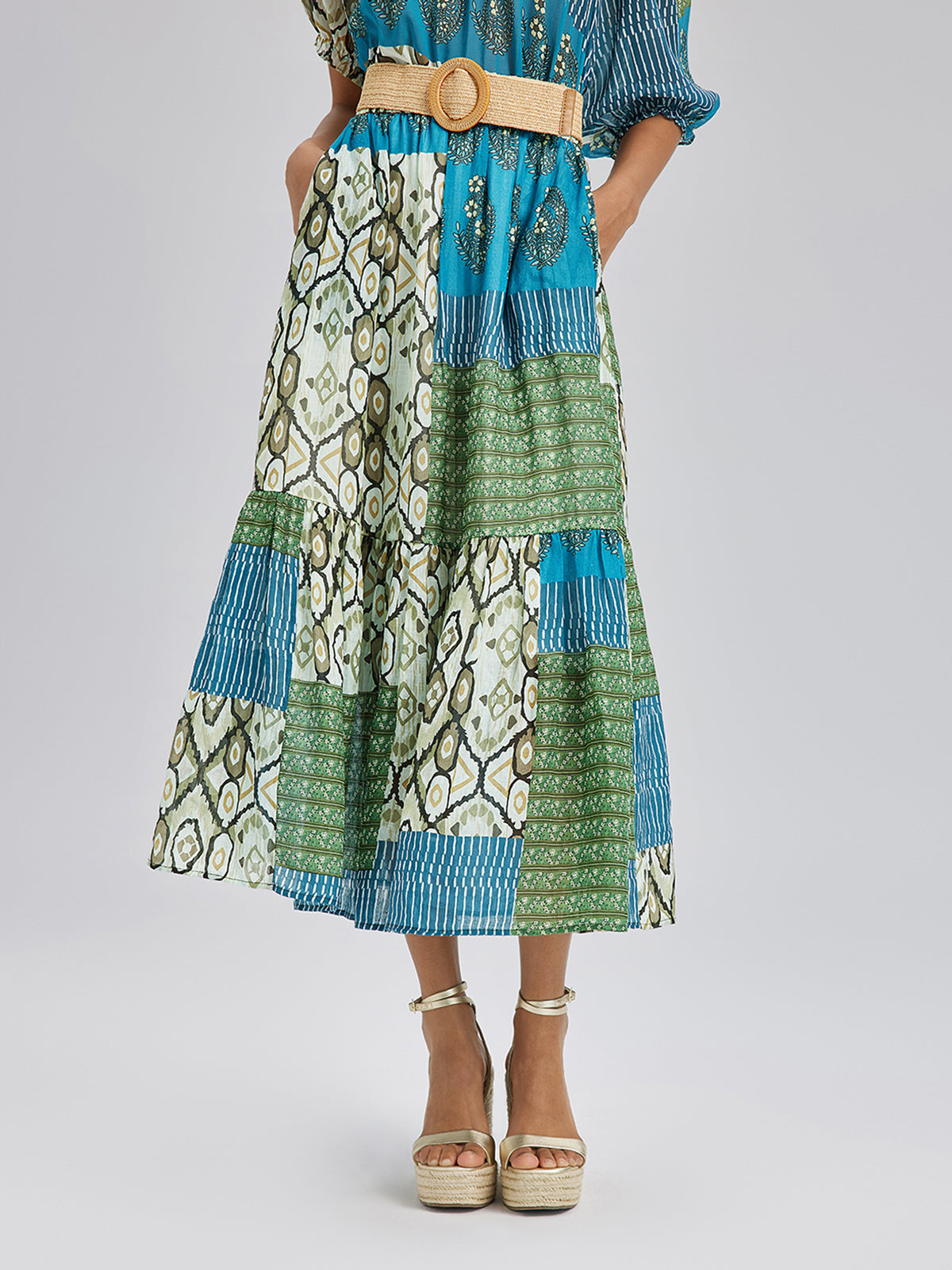 Beli Lastikli Yama İşli Keten Görünümlü Etek