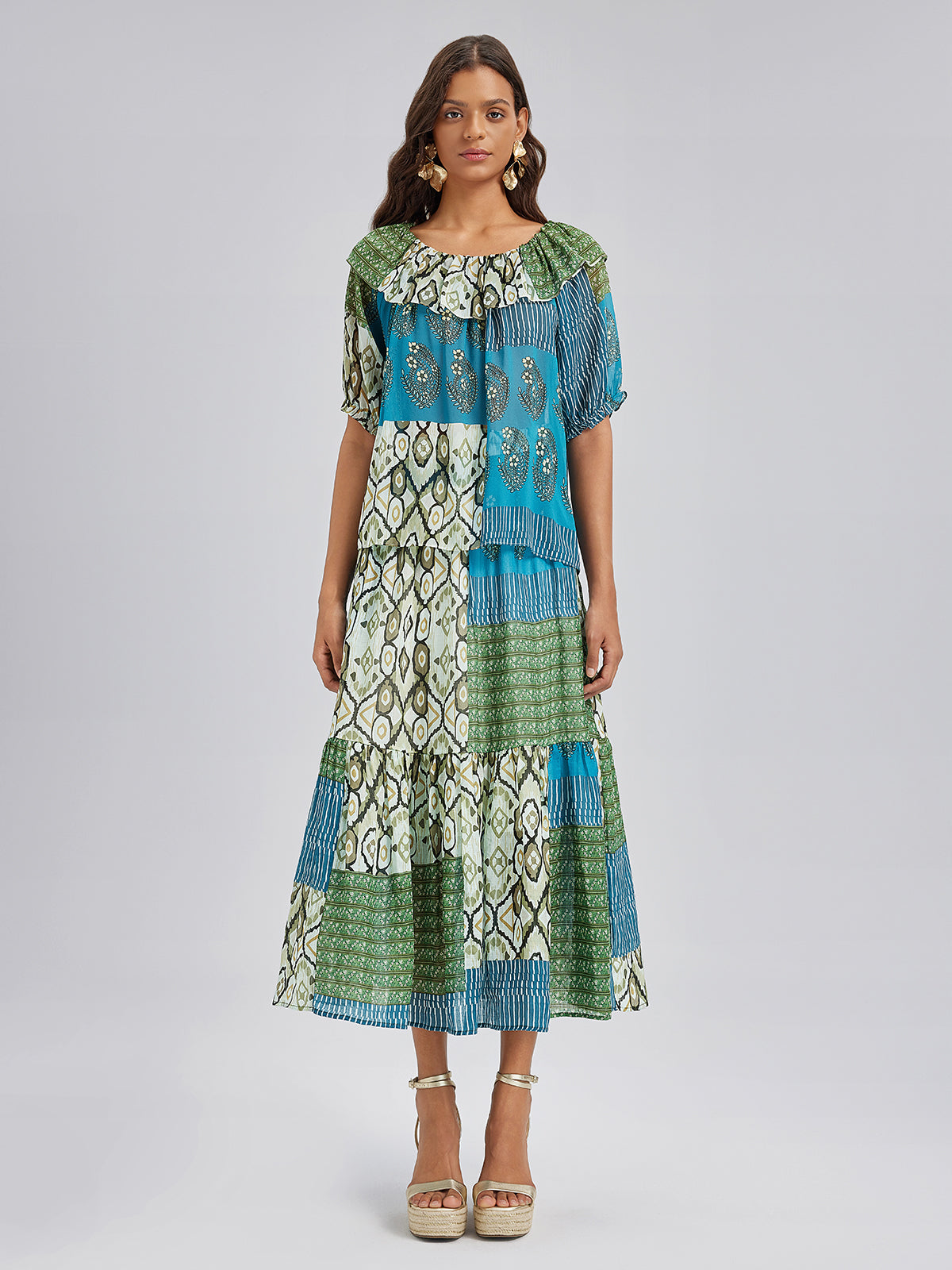 Beli Lastikli Yama İşli Keten Görünümlü Etek