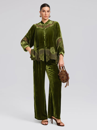 Beli Lastikli İpek Kadife Bol Pantolon