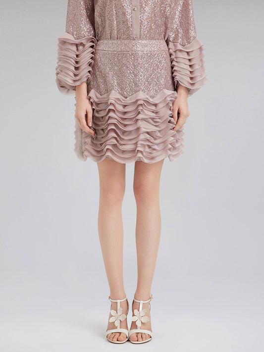 Lüks Fırfırlı Pullu Pileli Mini Etek