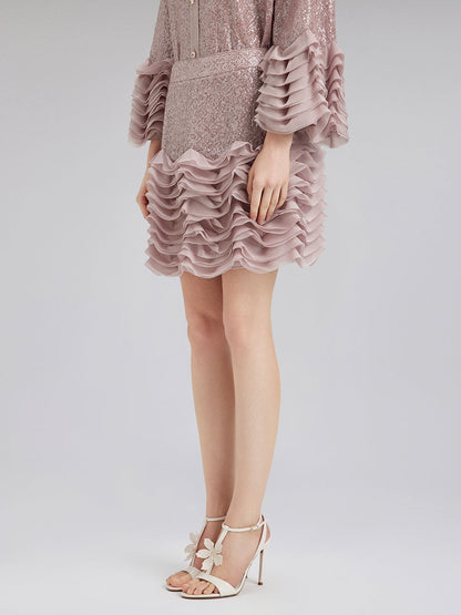 Lüks Fırfırlı Pullu Pileli Mini Etek