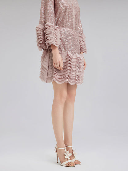 Lüks Fırfırlı Pullu Pileli Mini Etek