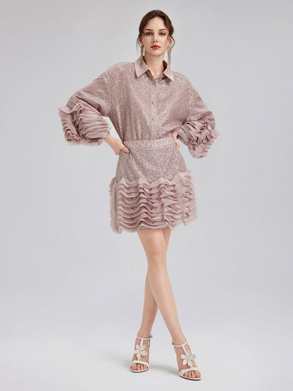 Lüks Fırfırlı Pullu Pileli Gömlek