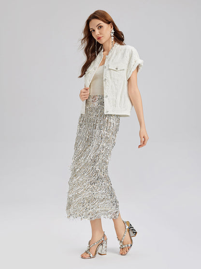 Püsküllü Pullu Midi Etek