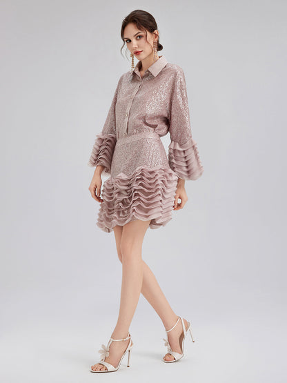 Lüks Fırfırlı Pullu Pileli Mini Etek