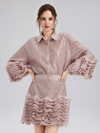 Lüks Fırfırlı Pullu Pileli Gömlek