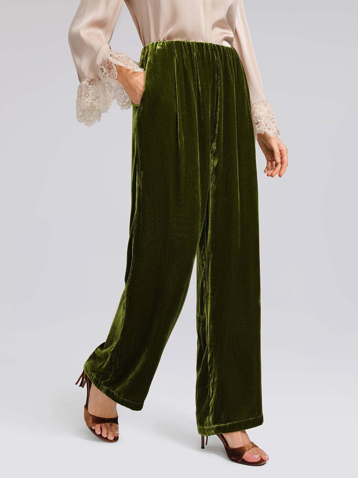 Beli Lastikli İpek Kadife Bol Pantolon