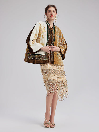 Vintage İpek Kadife Nakışlı Tüvit Etnik Ceket